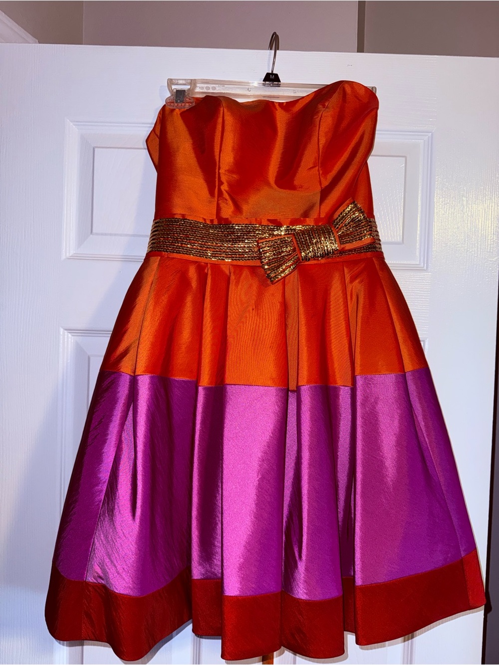 Girls Strapless Orange and Fuchsia Colorblock Party Dress with Gold Bow